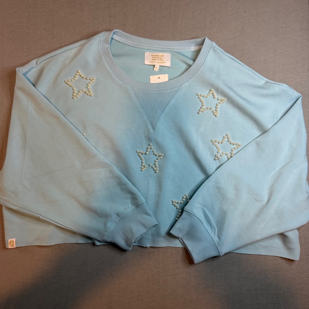 Simply Southern Piper Ice Blue Pearl Star Cropped Sweatshirt Pullover Large NWT‎